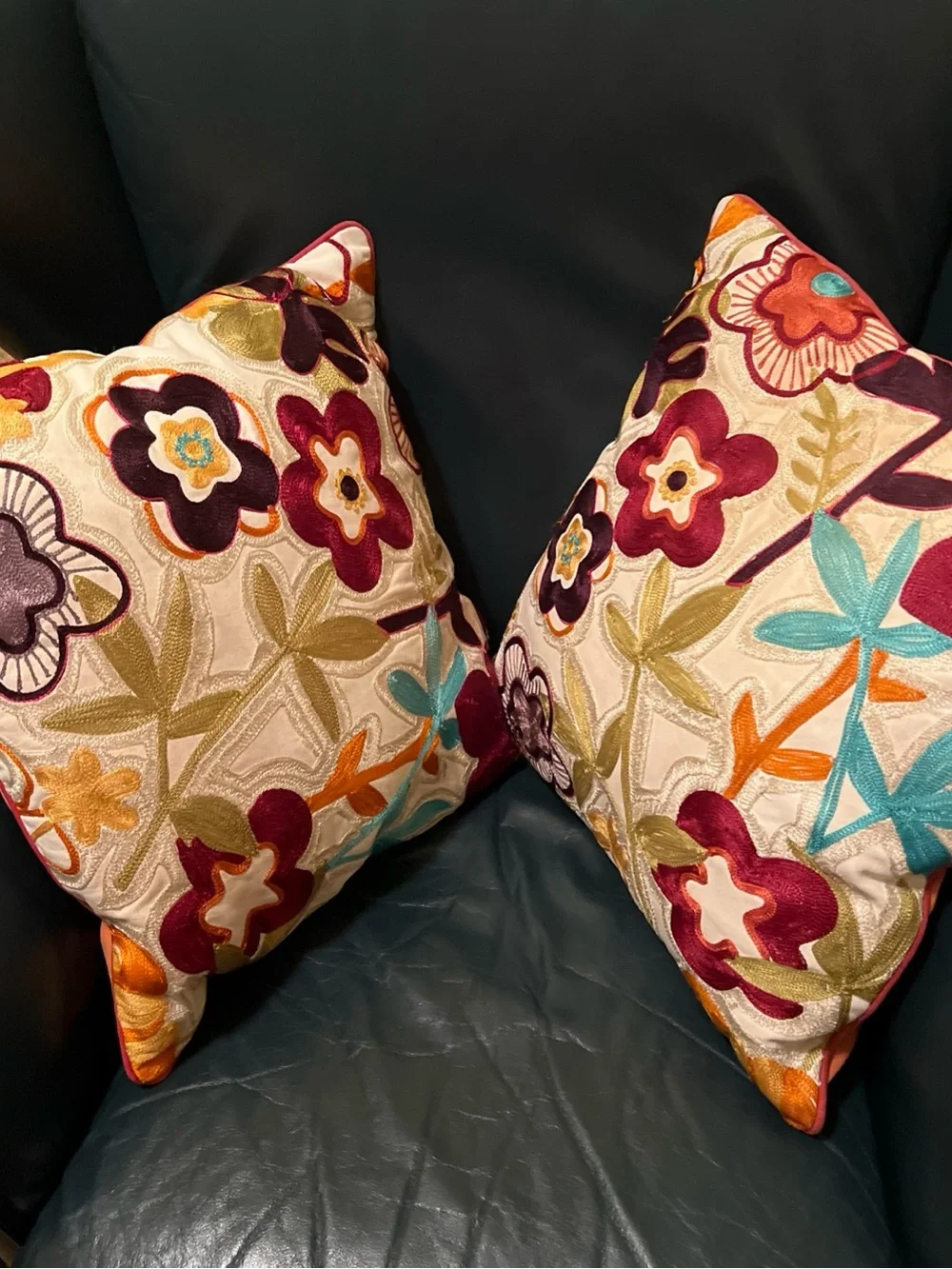 Lot of 2 Pier 1 Imports Embroidered Floral Throw Pillows Boho Cream Crewel 18x18